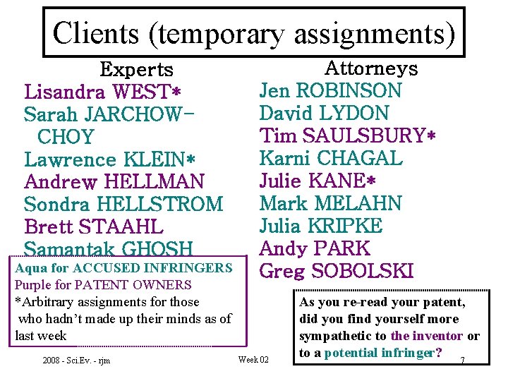 Clients (temporary assignments) Experts Lisandra WEST* Sarah JARCHOWCHOY Lawrence KLEIN* Andrew HELLMAN Sondra HELLSTROM