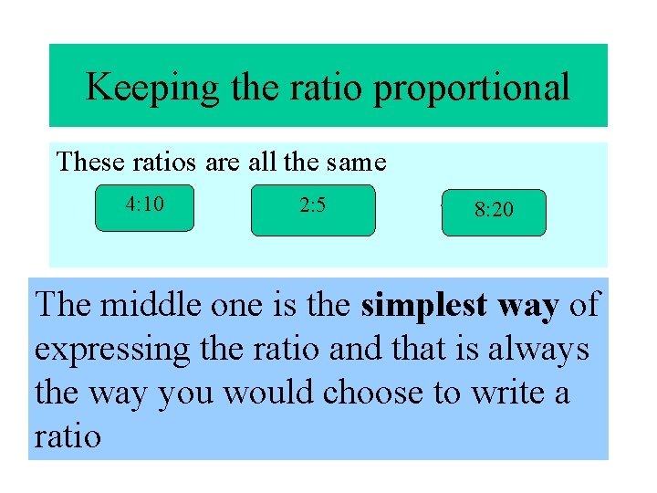 Keeping the ratio proportional These ratios are all the same 4: 10 2: 5