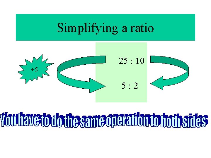 Simplifying a ratio 25 : 10 ÷ 5 5: 2 