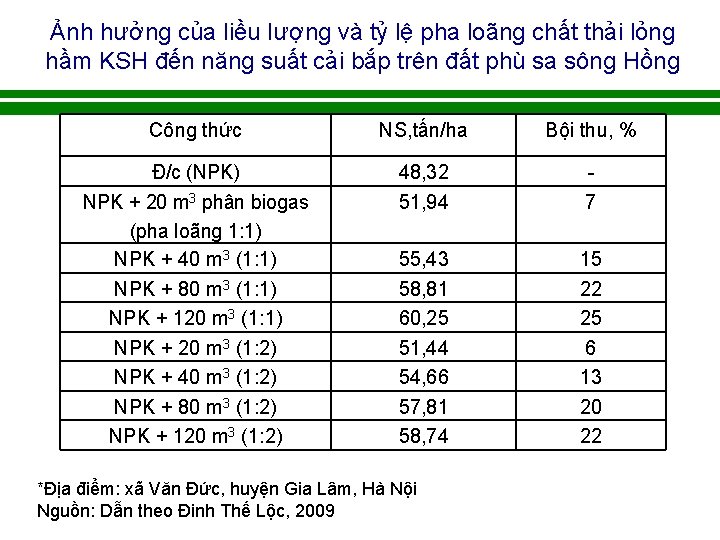 Ảnh hưởng của liều lượng và tỷ lệ pha loãng chất thải lỏng hầm