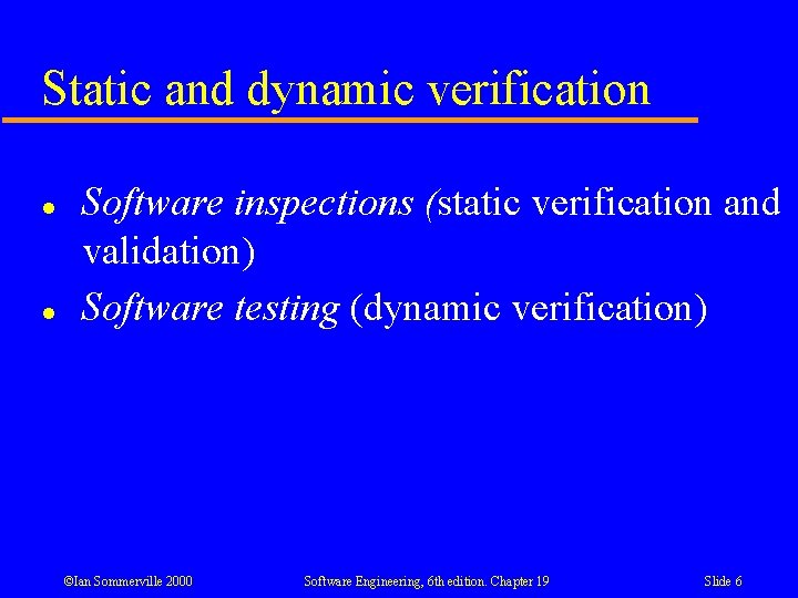 Static and dynamic verification l l Software inspections (static verification and validation) Software testing