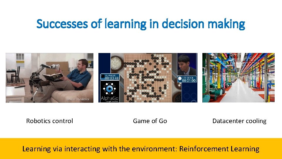 Successes of learning in decision making Robotics control Game of Go Datacenter cooling Learning