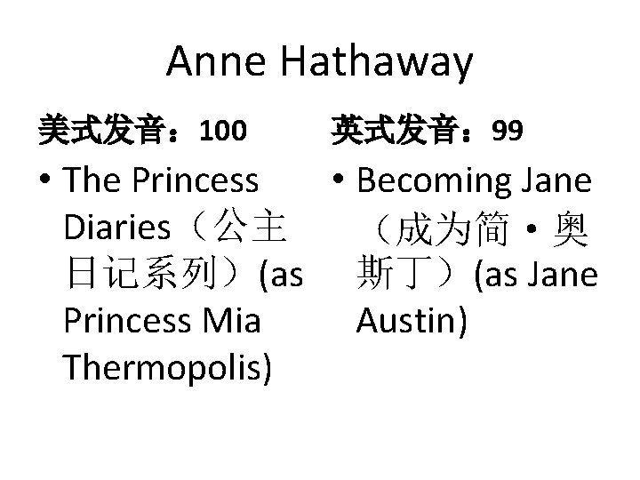 Anne Hathaway 美式发音： 100 英式发音： 99 • The Princess • Becoming Jane Diaries（公主 （成为简·奥