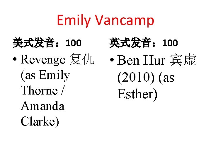 Emily Vancamp 美式发音： 100 英式发音： 100 • Revenge 复仇 (as Emily Thorne / Amanda