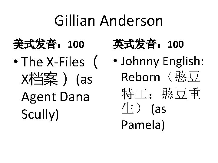 Gillian Anderson 美式发音： 100 英式发音： 100 • The X-Files （ • Johnny English: Reborn（憨豆