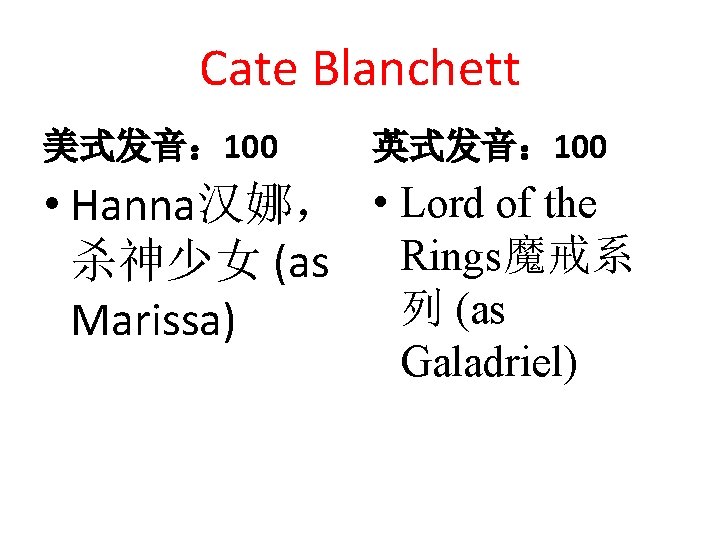 Cate Blanchett 美式发音： 100 英式发音： 100 • Hanna汉娜， • Lord of the 杀神少女 (as