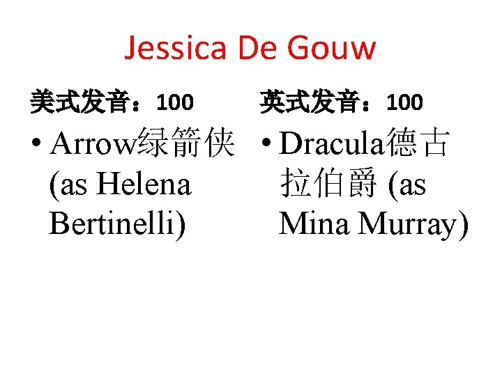 Jessica De Gouw 美式发音： 100 英式发音： 100 • Arrow绿箭侠 • Dracula德古 (as Helena 拉伯爵