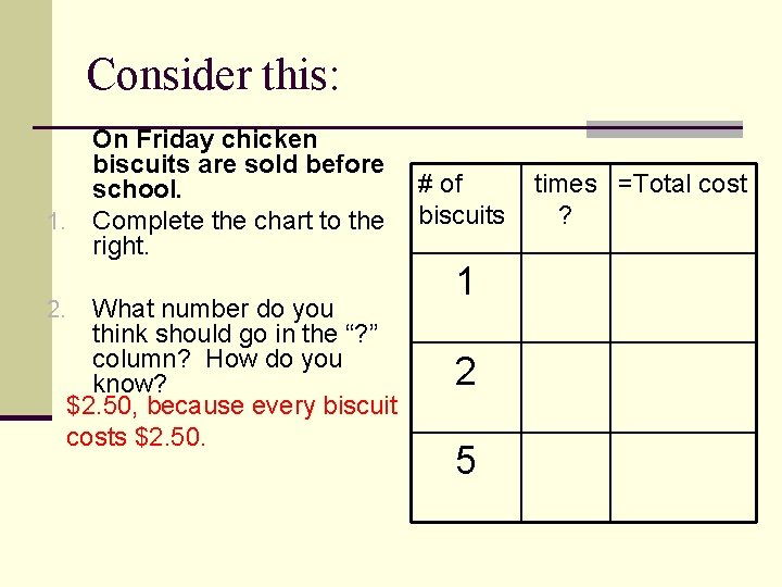 Consider this: On Friday chicken biscuits are sold before school. 1. Complete the chart