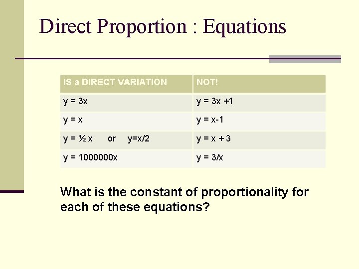 Direct Proportion : Equations IS a DIRECT VARIATION NOT! y = 3 x +1