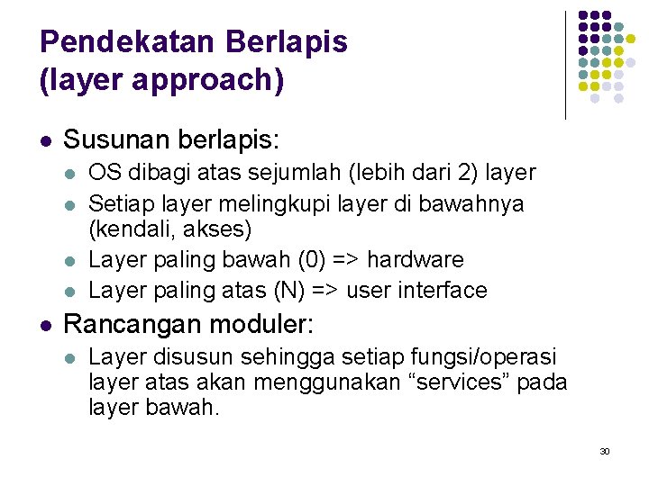 Pendekatan Berlapis (layer approach) l Susunan berlapis: l l l OS dibagi atas sejumlah