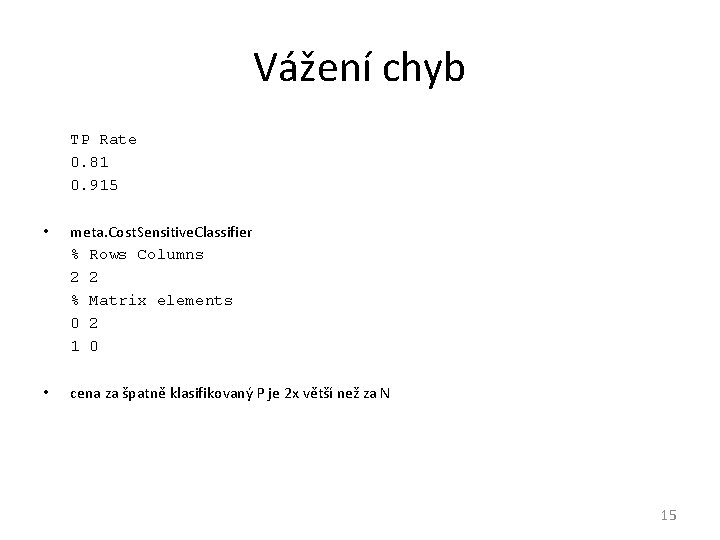 Vážení chyb TP Rate 0. 81 0. 915 • meta. Cost. Sensitive. Classifier %