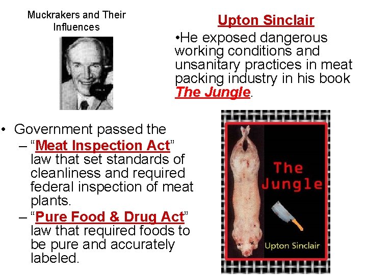 Muckrakers and Their Influences Upton Sinclair • He exposed dangerous working conditions and unsanitary