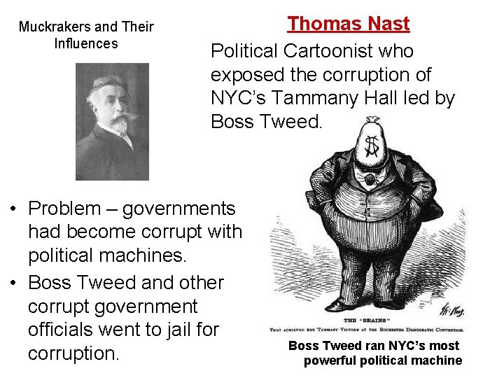 Muckrakers and Their Influences Thomas Nast Political Cartoonist who exposed the corruption of NYC’s