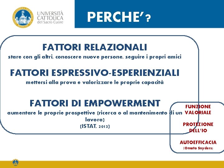 PERCHE’? FATTORI RELAZIONALI stare con gli altri, conoscere nuove persone, seguire i propri amici