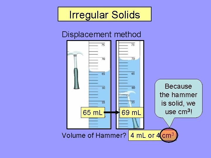 Irregular Solids Displacement method 65 m. L 69 m. L Because the hammer is