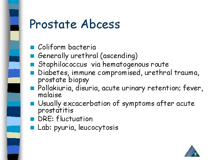 Prostate Abcess n n n n Coliform bacteria Generally urethral (ascending) Staphilococcus via hematogenous