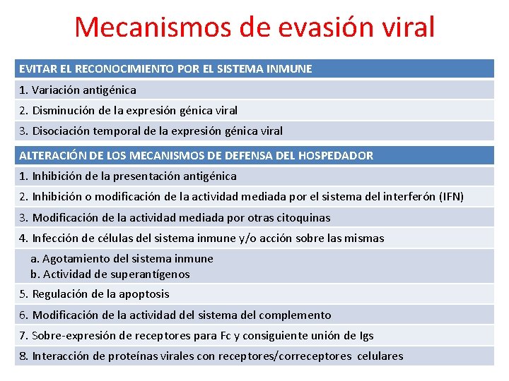 Mecanismos de evasión viral EVITAR EL RECONOCIMIENTO POR EL SISTEMA INMUNE 1. Variación antigénica