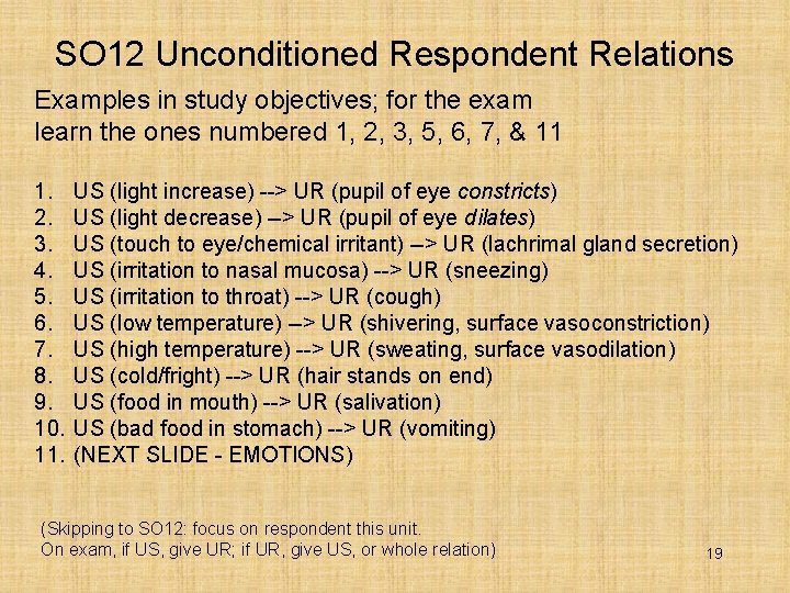 SO 12 Unconditioned Respondent Relations Examples in study objectives; for the exam learn the