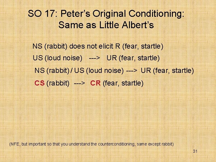 SO 17: Peter’s Original Conditioning: Same as Little Albert’s NS (rabbit) does not elicit