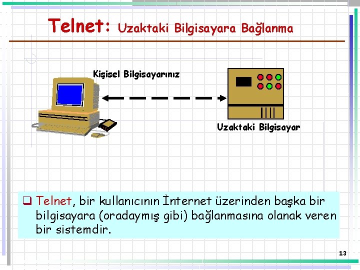 Telnet: Uzaktaki Bilgisayara Bağlanma Kişisel Bilgisayarınız Uzaktaki Bilgisayar q Telnet, bir kullanıcının İnternet üzerinden