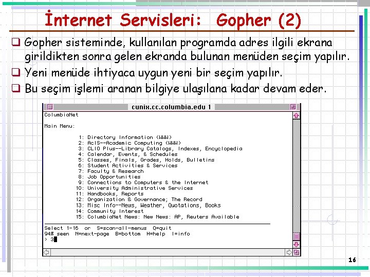 İnternet Servisleri: Gopher (2) q Gopher sisteminde, kullanılan programda adres ilgili ekrana girildikten sonra