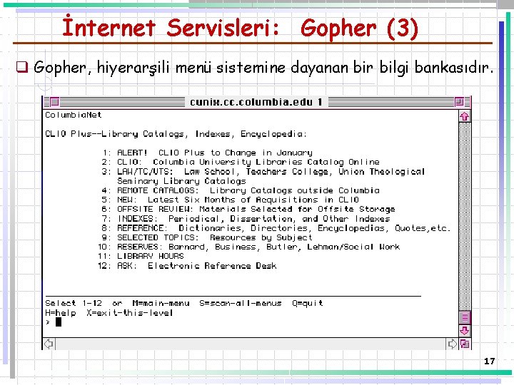İnternet Servisleri: Gopher (3) q Gopher, hiyerarşili menü sistemine dayanan bir bilgi bankasıdır. 17