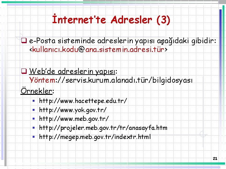 İnternet’te Adresler (3) q e-Posta sisteminde adreslerin yapısı aşağıdaki gibidir: <kullanıcı. kodu@ana. sistemin. adresi.