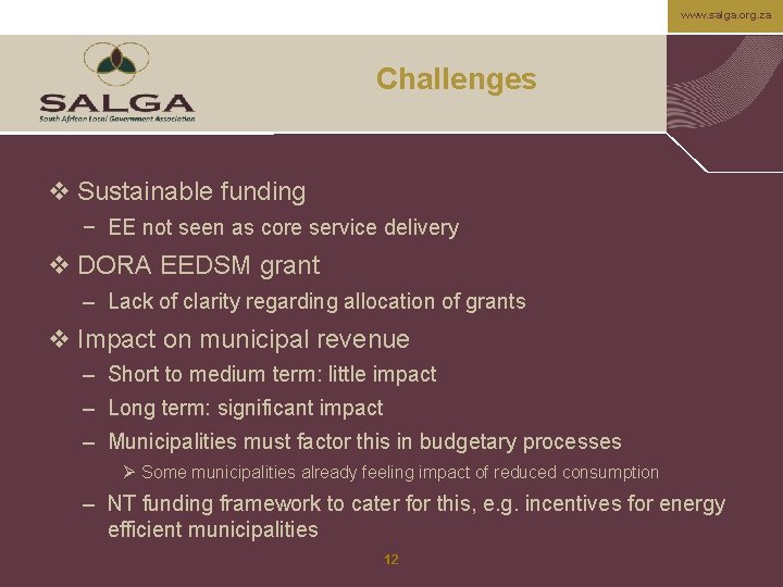 www. salga. org. za Challenges v Sustainable funding − EE not seen as core