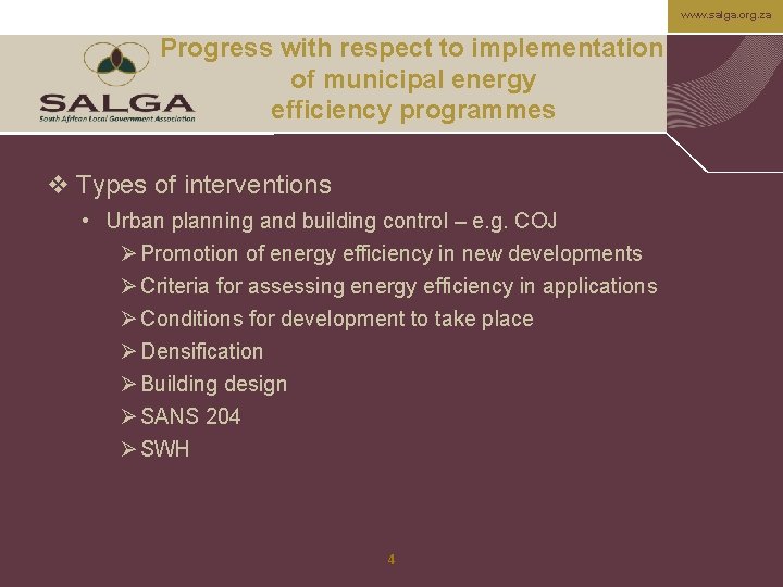 www. salga. org. za Progress with respect to implementation of municipal energy efficiency programmes