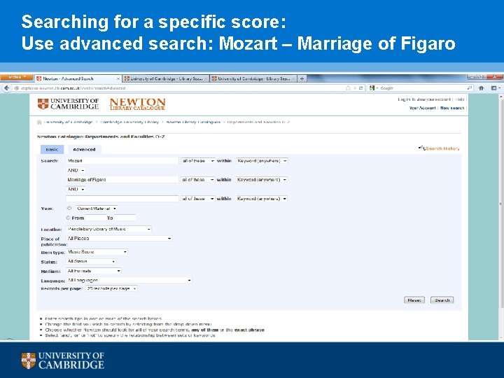 Searching for a specific score: Use advanced search: Mozart – Marriage of Figaro 