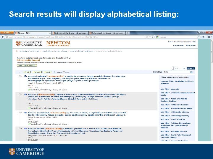 Search results will display alphabetical listing: 