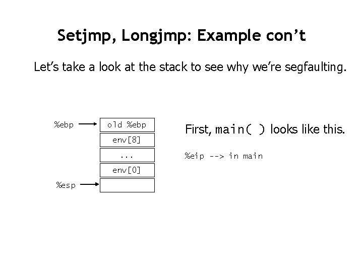 Setjmp, Longjmp: Example con’t Let’s take a look at the stack to see why