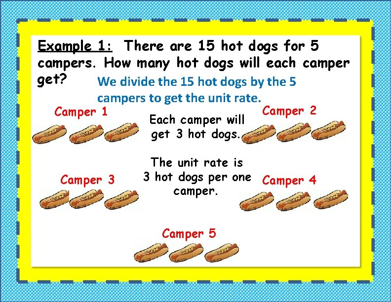 Example 1: There are 15 hot dogs for 5 campers. How many hot dogs Example 1: There are 15 hot dogs for 5 campers. How many hot dogs