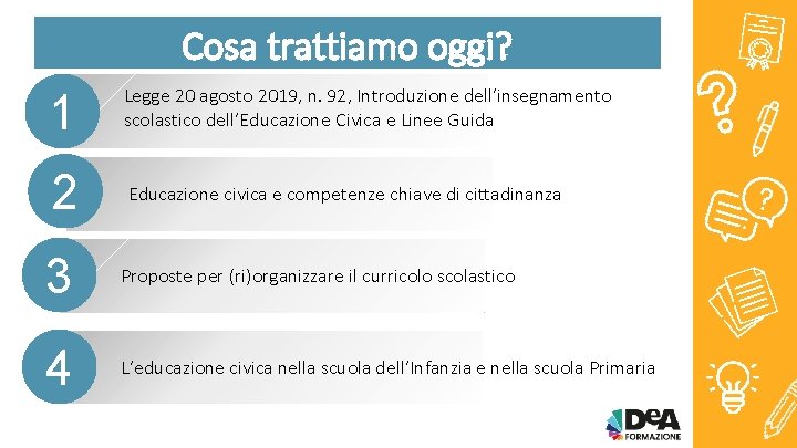 Cosa trattiamo oggi? 1 Legge 20 agosto 2019, n. 92, Introduzione dell’insegnamento scolastico dell’Educazione