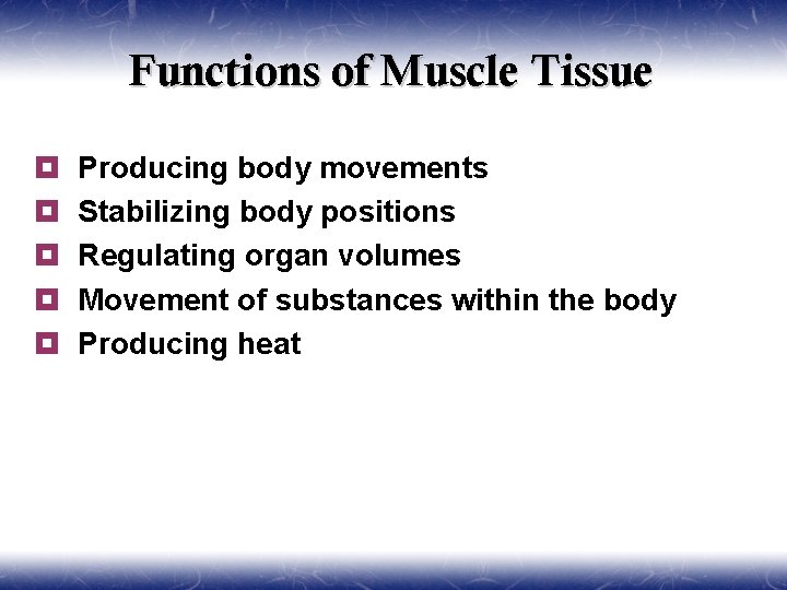 Functions of Muscle Tissue ¥ ¥ ¥ Producing body movements Stabilizing body positions Regulating