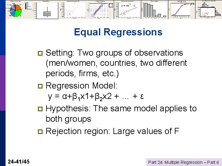 Equal Regressions Setting: Two groups of observations (men/women, countries, two different periods, firms, etc.