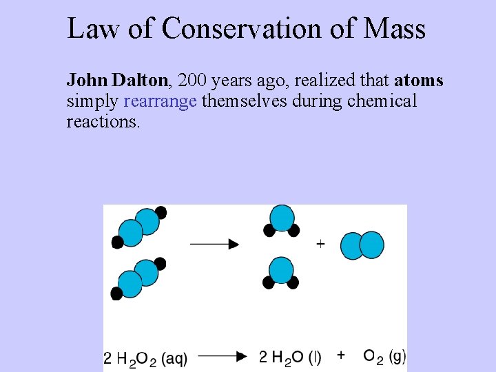 Law of Conservation of Mass John Dalton, 200 years ago, realized that atoms simply