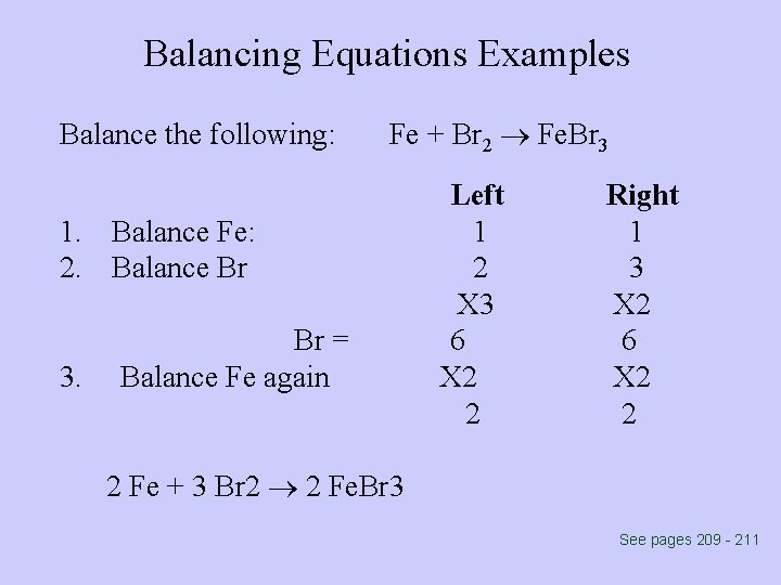 Balancing Equations Examples Balance the following: Fe + Br 2 Fe. Br 3 1.