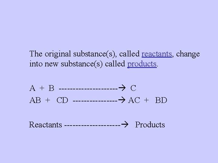 The original substance(s), called reactants, change into new substance(s) called products. A + B