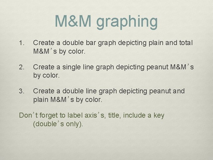M&M graphing 1. Create a double bar graph depicting plain and total M&M’s by M&M graphing 1. Create a double bar graph depicting plain and total M&M’s by