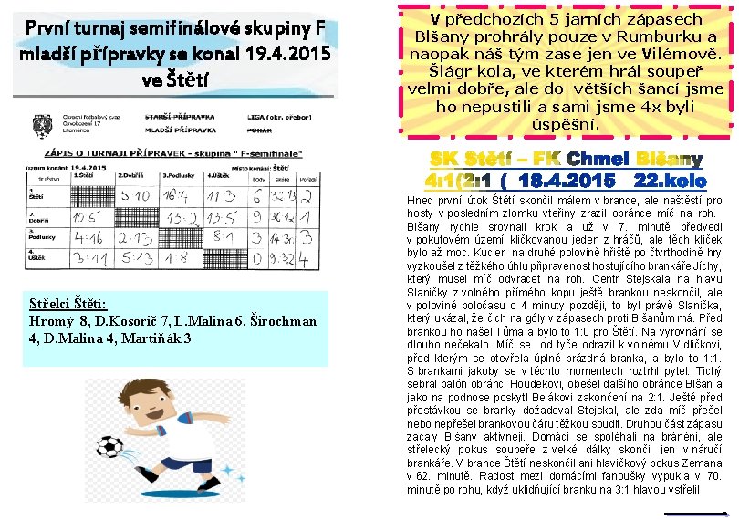 První turnaj semifinálové skupiny F mladší přípravky se konal 19. 4. 2015 ve Štětí