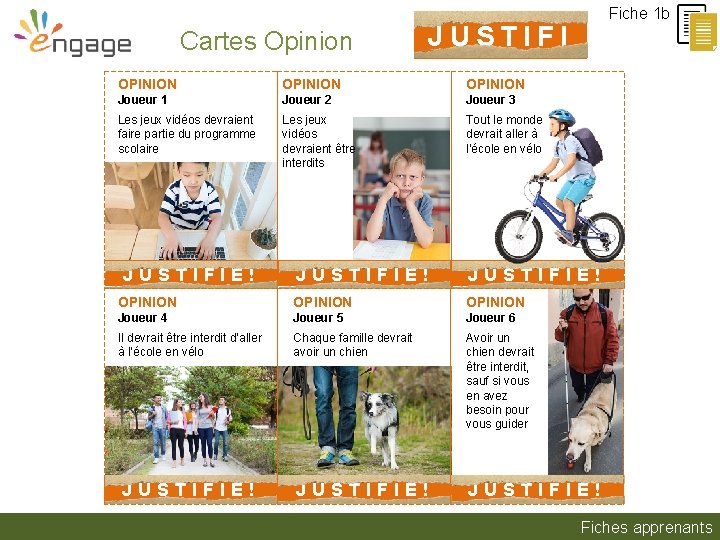 Cartes Opinion JUSTIFI E! OPINION Joueur 1 Joueur 2 Joueur 3 Les jeux vidéos