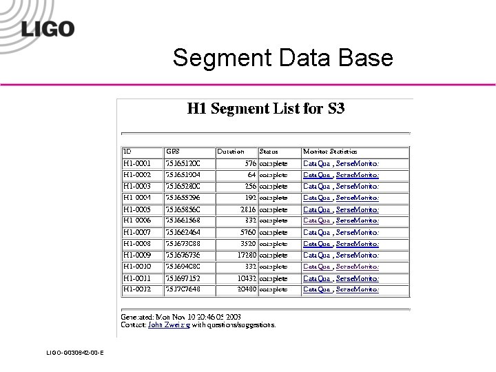 Segment Data Base LIGO-G 030642 -00 -E 