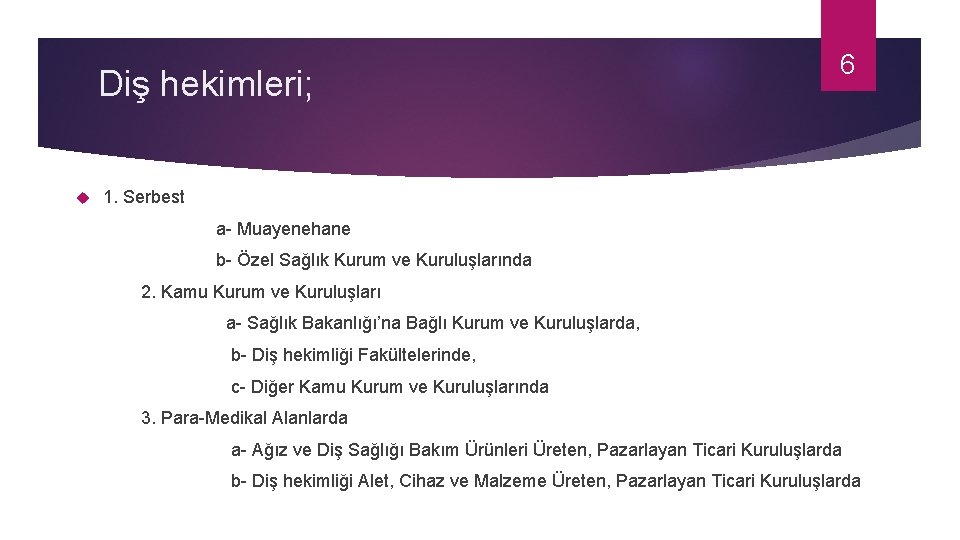 Diş hekimleri; 6 1. Serbest a- Muayenehane b- Özel Sağlık Kurum ve Kuruluşlarında 2.