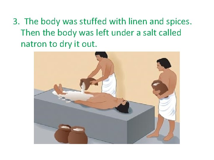 3. The body was stuffed with linen and spices. Then the body was left