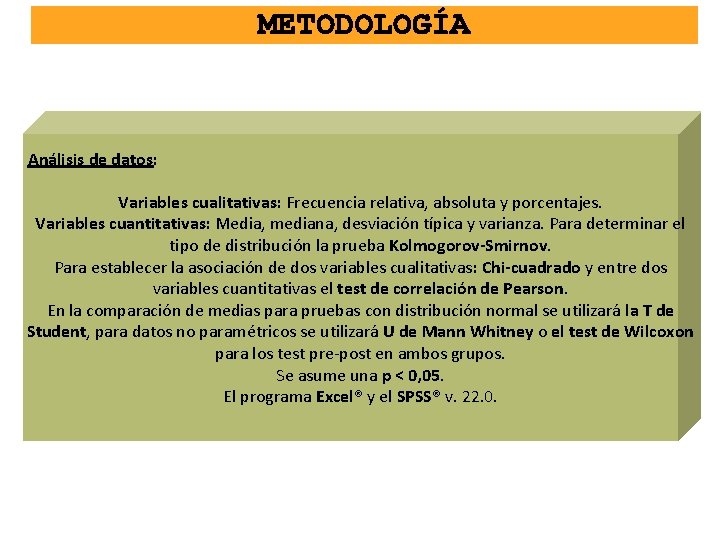 METODOLOGÍA Análisis de datos: Variables cualitativas: Frecuencia relativa, absoluta y porcentajes. Variables cuantitativas: Media,