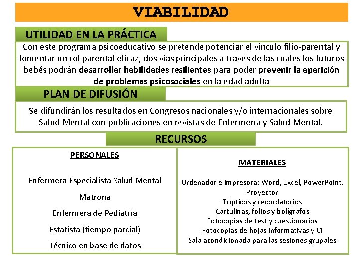 VIABILIDAD UTILIDAD EN LA PRÁCTICA Con este programa psicoeducativo se pretende potenciar el vínculo