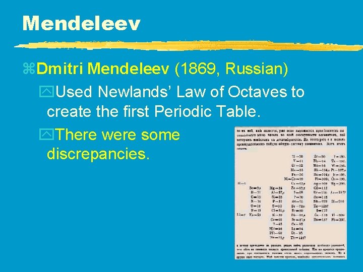 Mendeleev z. Dmitri Mendeleev (1869, Russian) y. Used Newlands’ Law of Octaves to create Mendeleev z. Dmitri Mendeleev (1869, Russian) y. Used Newlands’ Law of Octaves to create