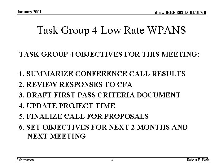 January 2001 doc. : IEEE 802. 15 -01/017 r 0 Task Group 4 Low