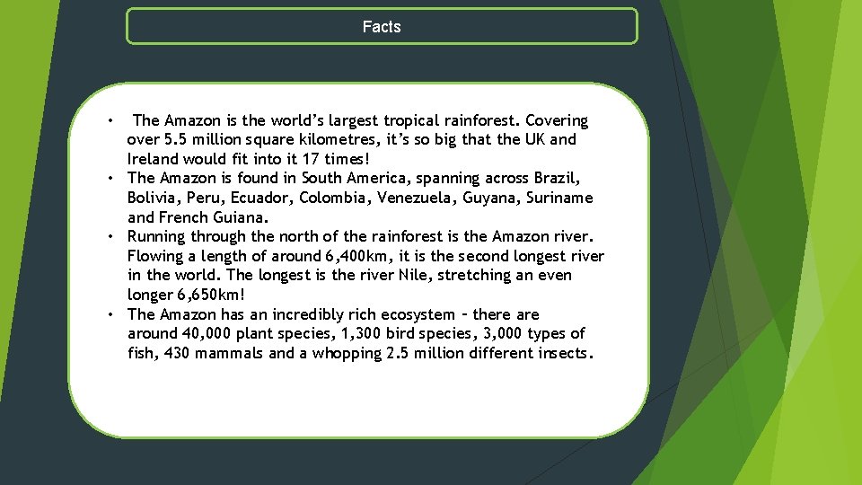 Facts The Amazon is the world’s largest tropical rainforest. Covering over 5. 5 million